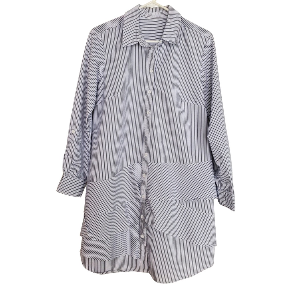 Hope & Harlow Menswear Inspired Shirt Dress Tiered Ruffles White Blue Striped 10